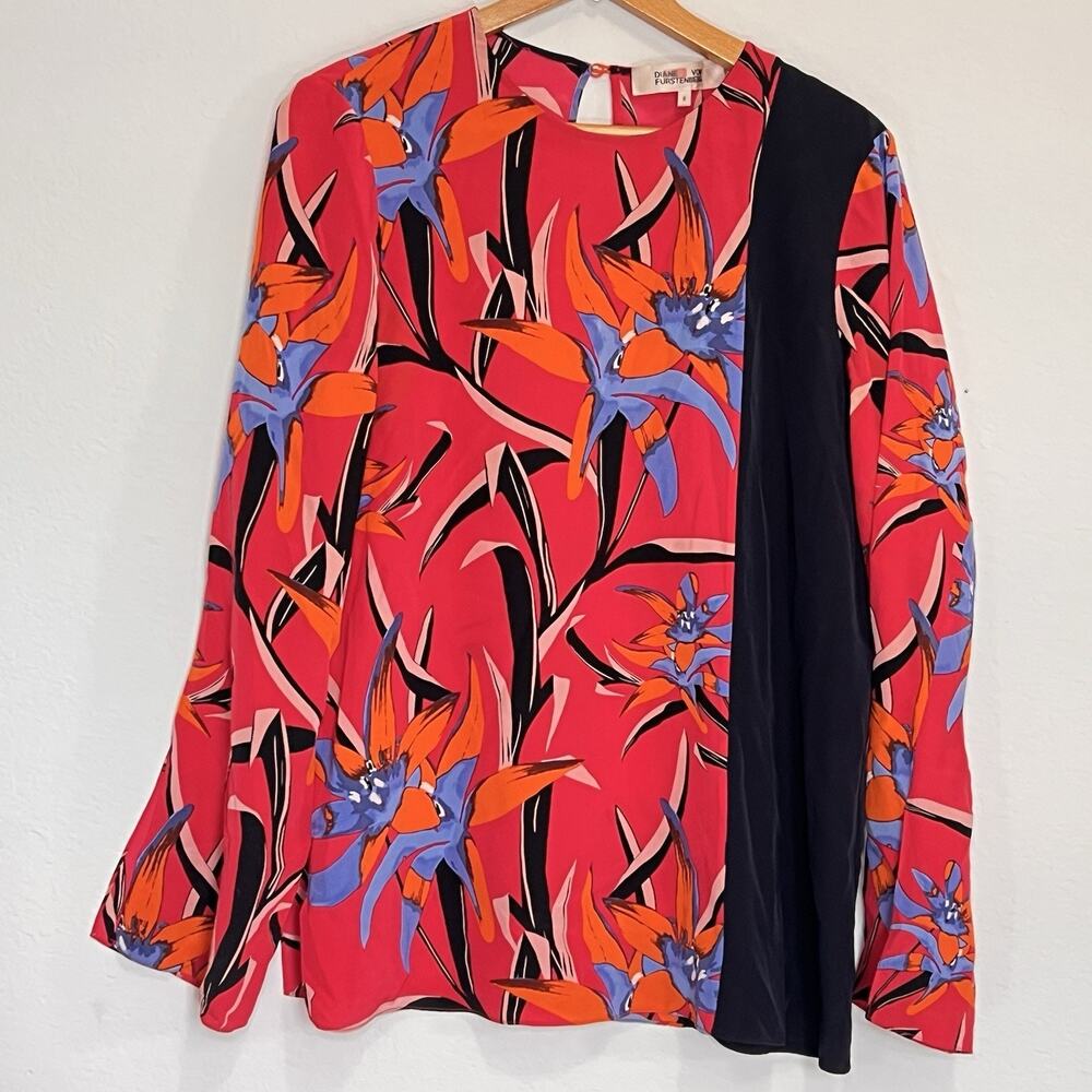 Diane von Furstenberg Side Slit Blouse Size 8 Pink Black Floral 100% Silk Top